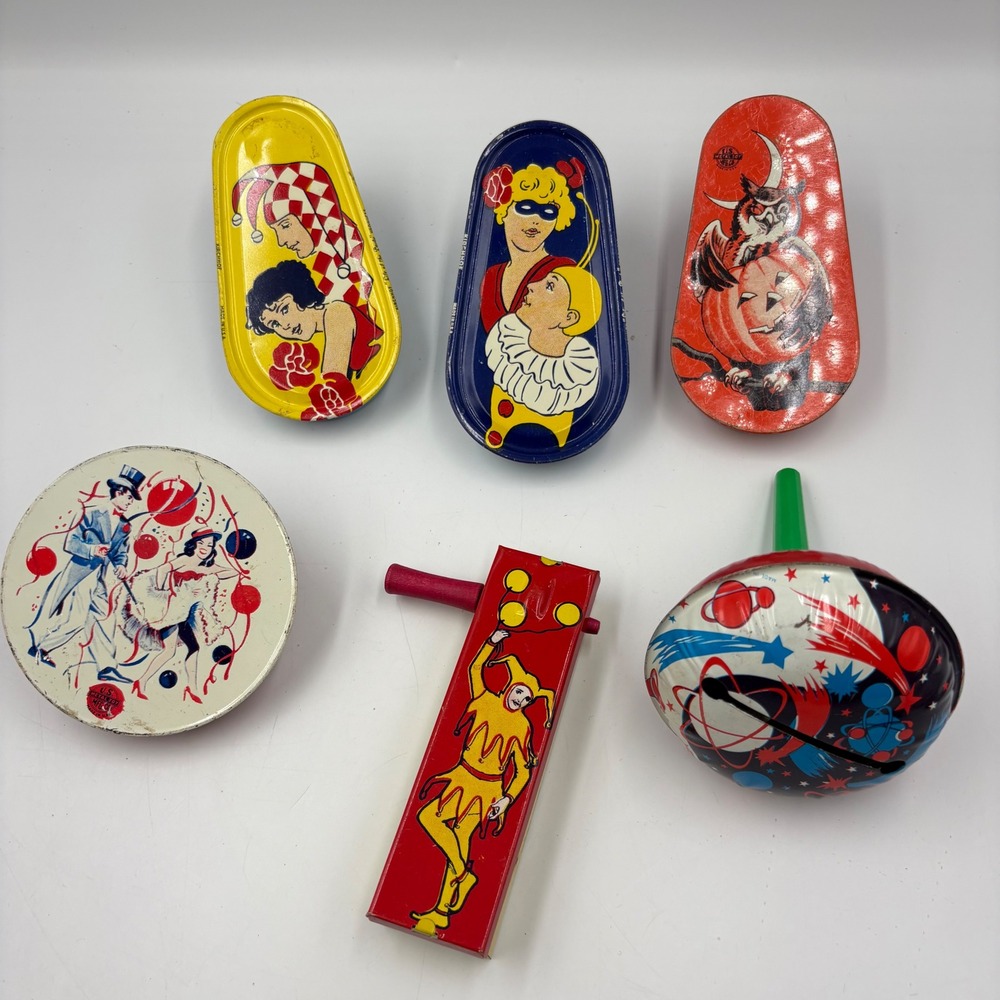 Vintage Kirchhof & US Metal Toy Tin Litho Noisemaker Clicker Lot 6pc Halloween